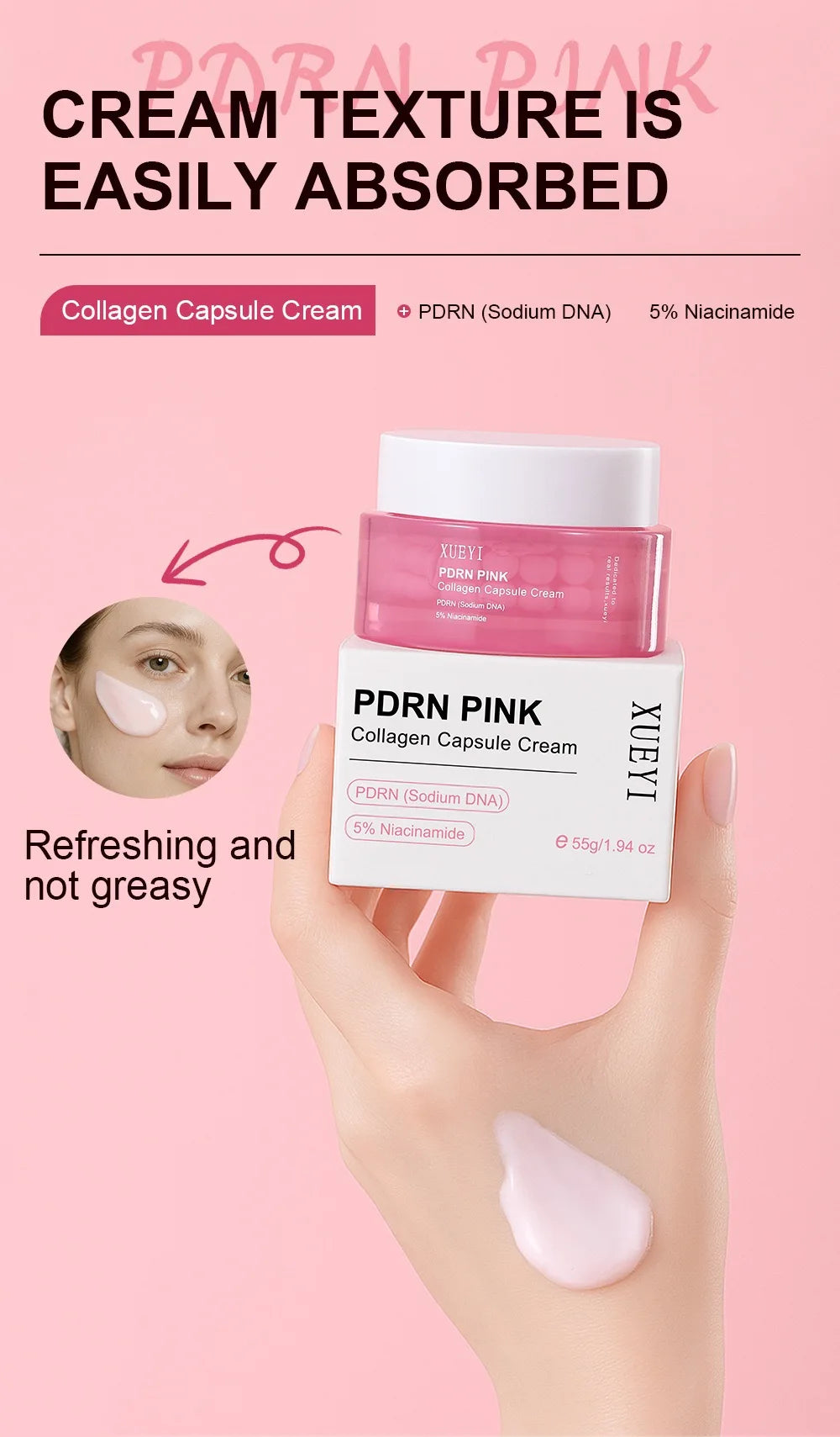 Korean PDRN Pink Collagen Capsule Cream with Niacinamide Cream for Uneven Skin Tone Lightweight Face Moisturizer Non Greasy care