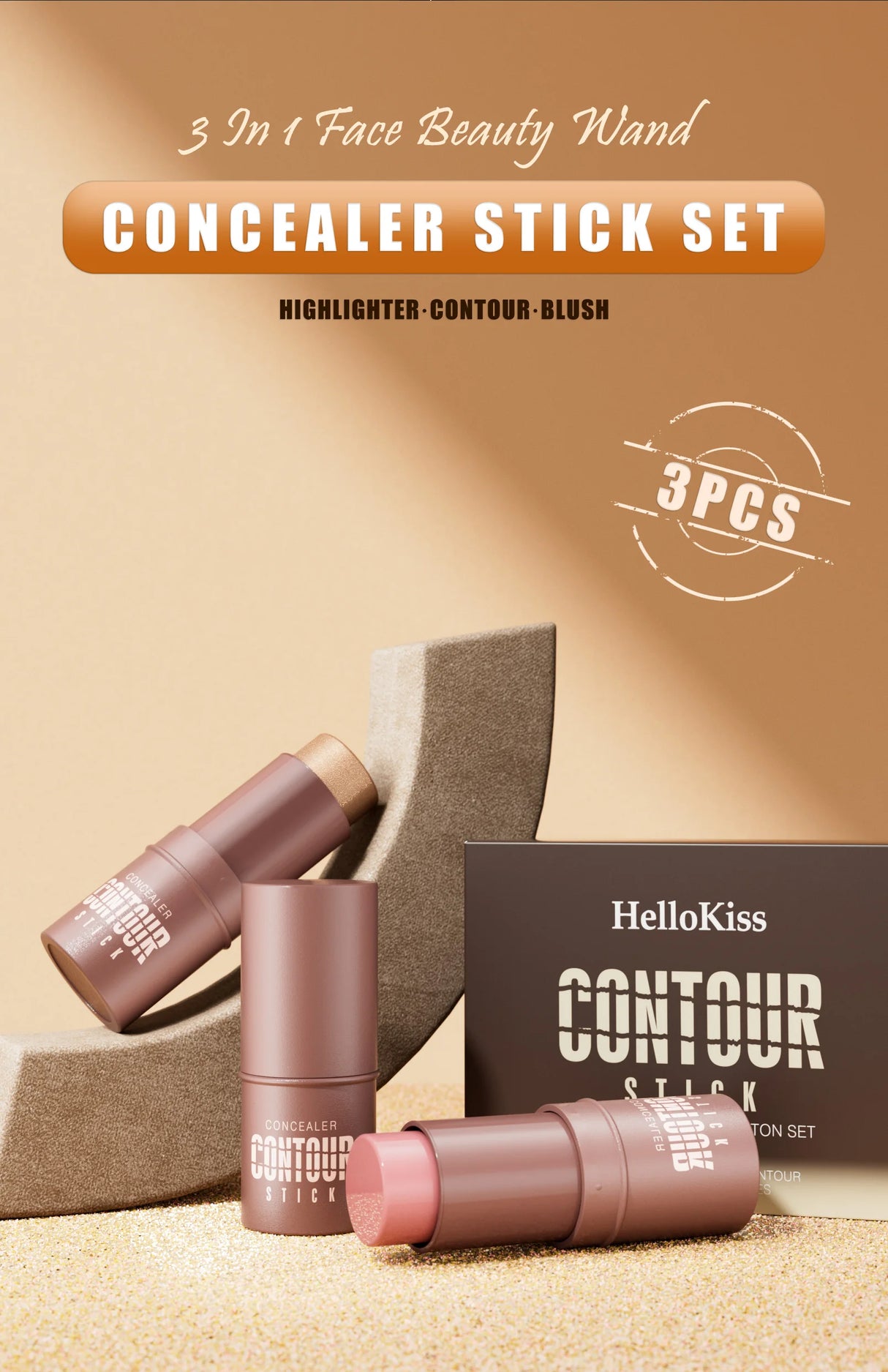 4-Piece Contour Stick Set with Highlighter, Blush & Bronzer Plus Golden Powder Brush - Waterproof Cream for All Tones, Shimmery.