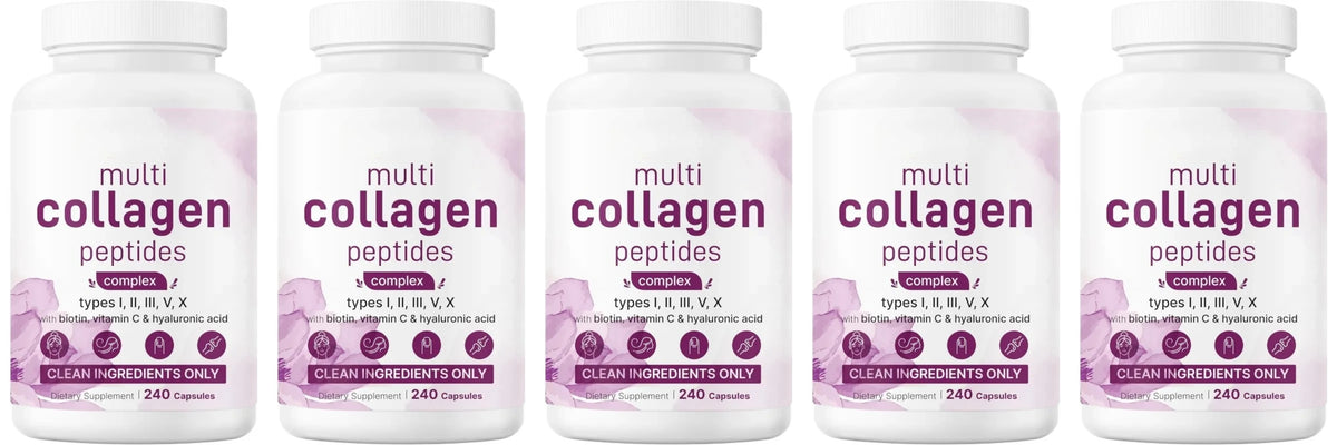 Multi Collagen Capsules 240ct Type I II III V X with Biotin Hyaluronic Acid Vitamin C Hydrolyzed Protein Supplement
