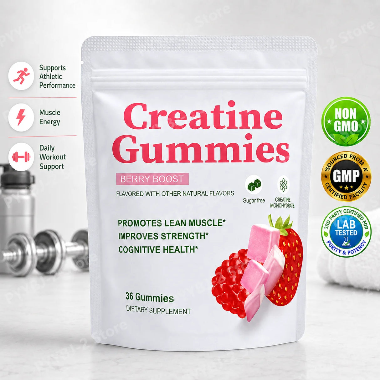 Berry Flavor Sugar Free Creatine Gummies Daily Health Nutrition & Lean Muscle Support,Gluten Free & Non GMO 36 Pieces Per Bag