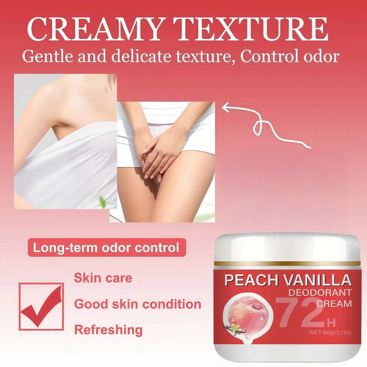 Peach Deodorant Underarm Cream - 72-Hour Long-Lasting Freshness, Floral Fragrance, Long-Lasting Odor Control - Gentle on Skin, Powerful Anti-Sweat