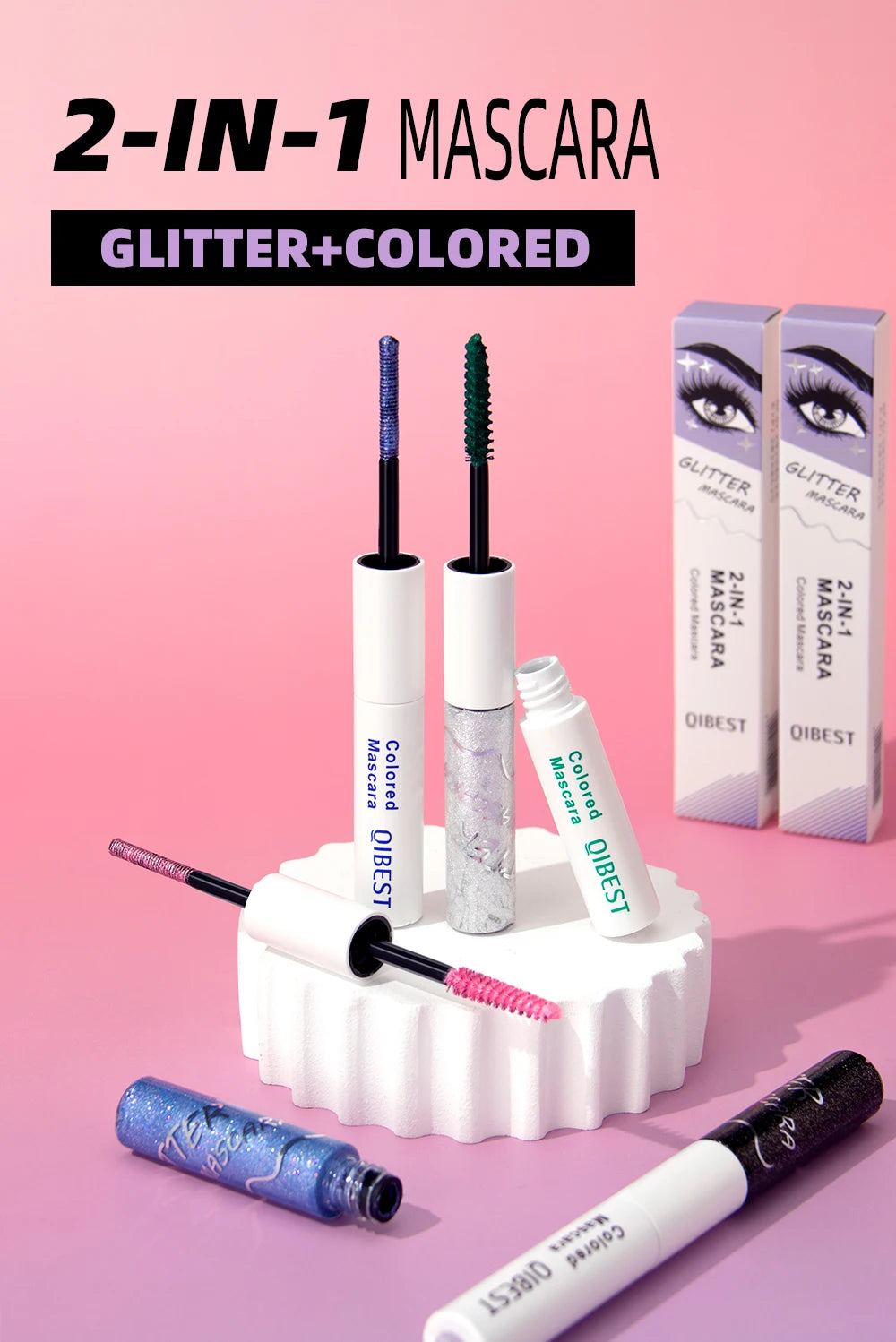 QIBEST Double Headed Diamond Glitter Mascara Long Lasting Colored Mascara Eyelashes Pink Blue Red Voluminous Waterproof Mascara