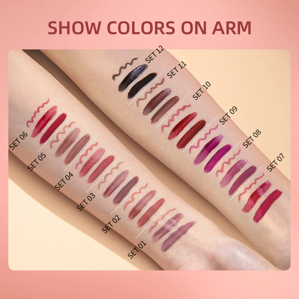 QIBEST 3pcs/set Liquid Lipstick+Lip Liner Lasting Black Brown Purple Red Matte Lip Gloss Nude Lip Stain Tint Makeup Lip Pencil