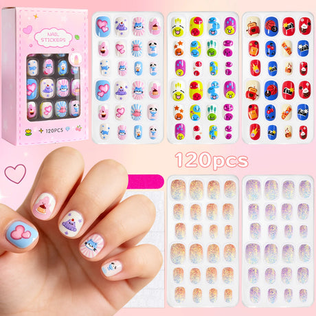 120Pcs Children's Press on Nails Kids Cartoon Acrylic Fake Nails Tips Kawaii Girl Full Cover Short False Nails With Jelly Glue#@