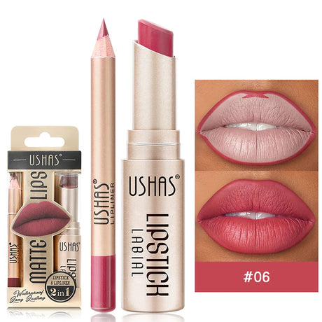 2-in-1 Lip Makeup Set, Matte Lipstick & Lip Liner Pencil, Nude Brown, Waterproof Long Lasting Tinted Lip Balm Contour Kit