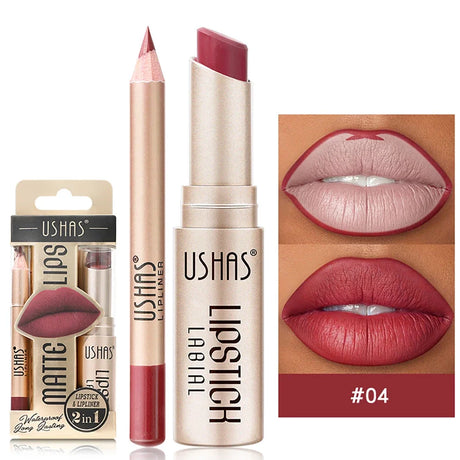 2-in-1 Lip Makeup Set, Matte Lipstick & Lip Liner Pencil, Nude Brown, Waterproof Long Lasting Tinted Lip Balm Contour Kit