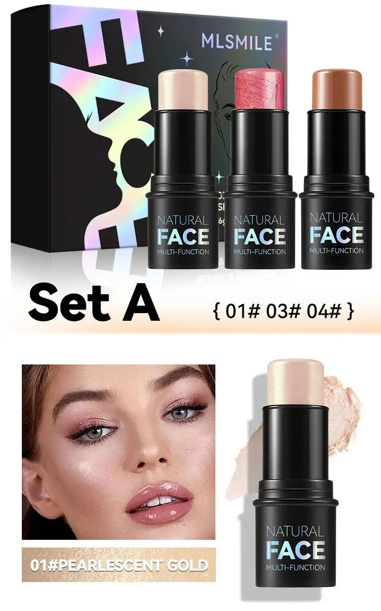 MLSMILE Highlight Contour 3-pack For 3D Makeup Brightening Skin Tone Face Blush Stick 3 Pcs Set 2025 New