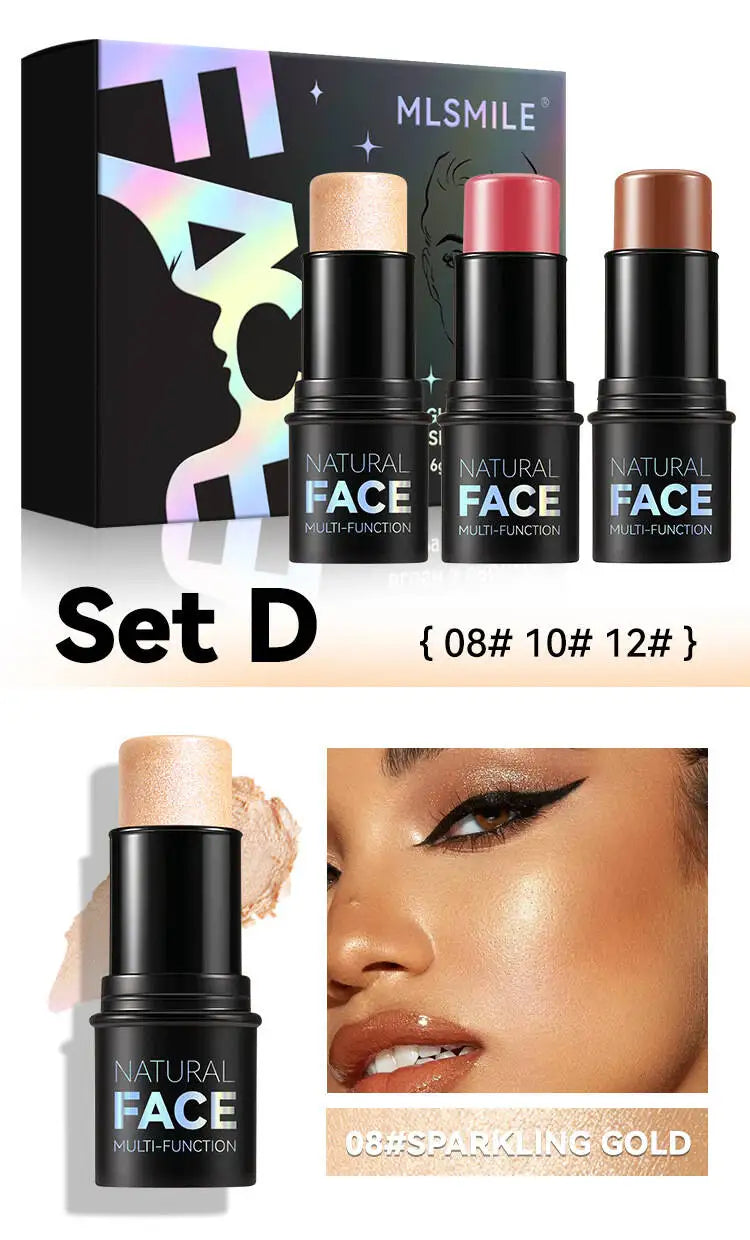 MLSMILE Highlight Contour 3-pack For 3D Makeup Brightening Skin Tone Face Blush Stick 3 Pcs Set 2025 New