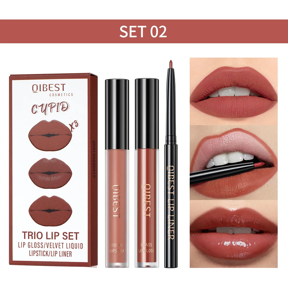 QIBEST 3pcs/set Liquid Lipstick+Lip Liner Lasting Black Brown Purple Red Matte Lip Gloss Nude Lip Stain Tint Makeup Lip Pencil