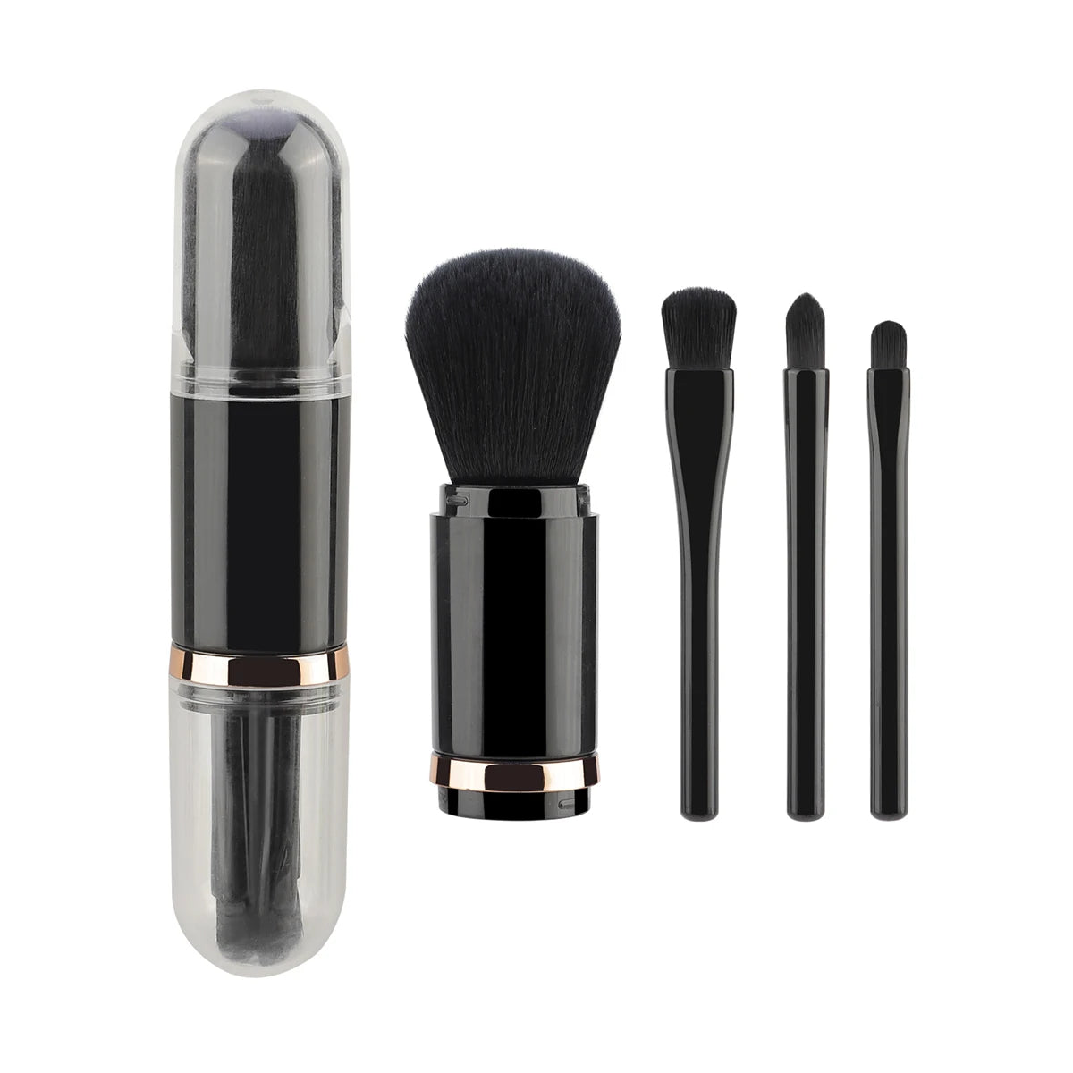 4in1 Travel Makeup Brushes Set Retractable Kabuki Brush and 3 Small Brushes For Eye With Soft Bistles Small Portable For Touchup