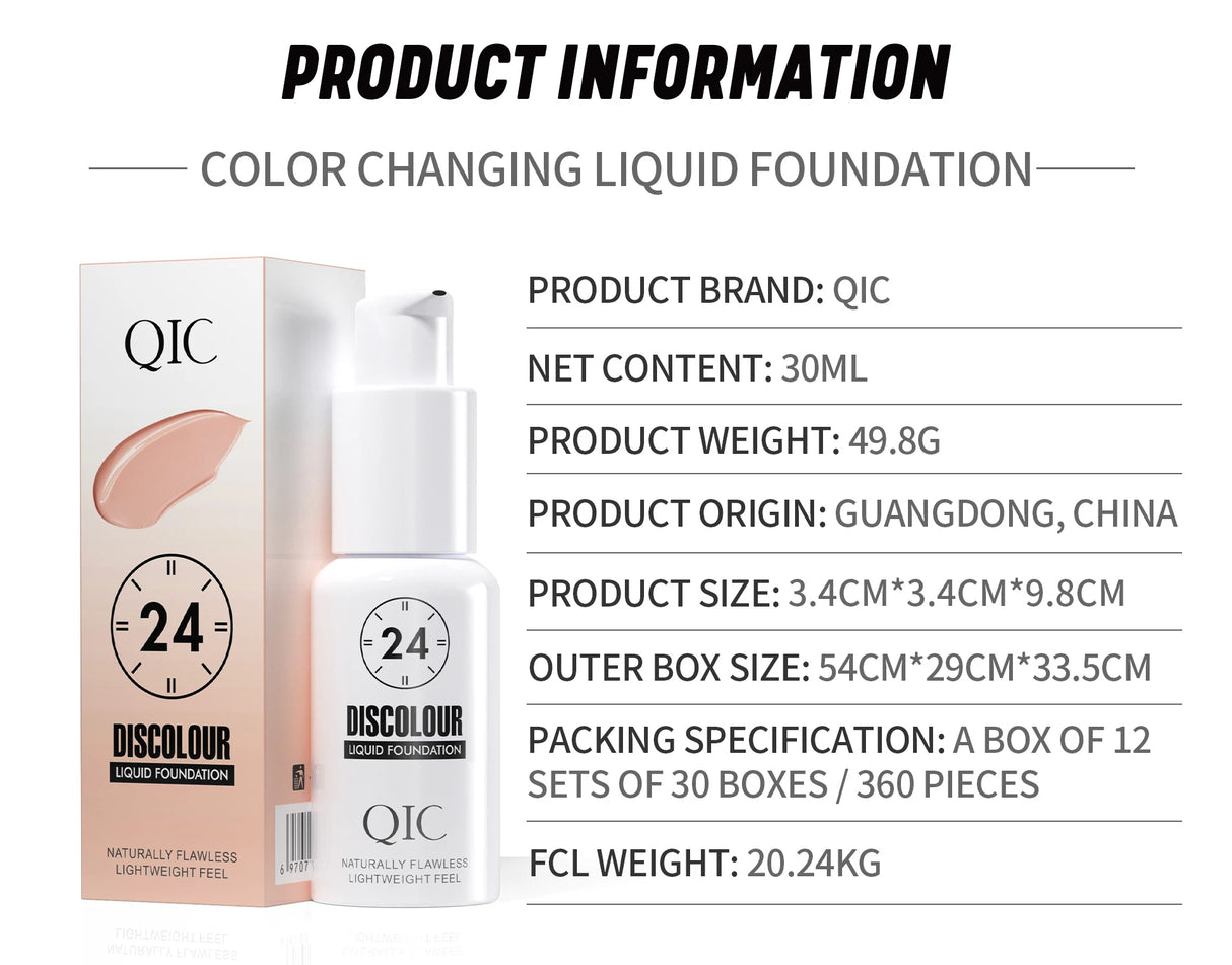 QIC 30ML Foundation Color Changing Makeup Base Nude Face Full Cover Matte Concealer Long Lasting Make Up Liquid Foundation Cream