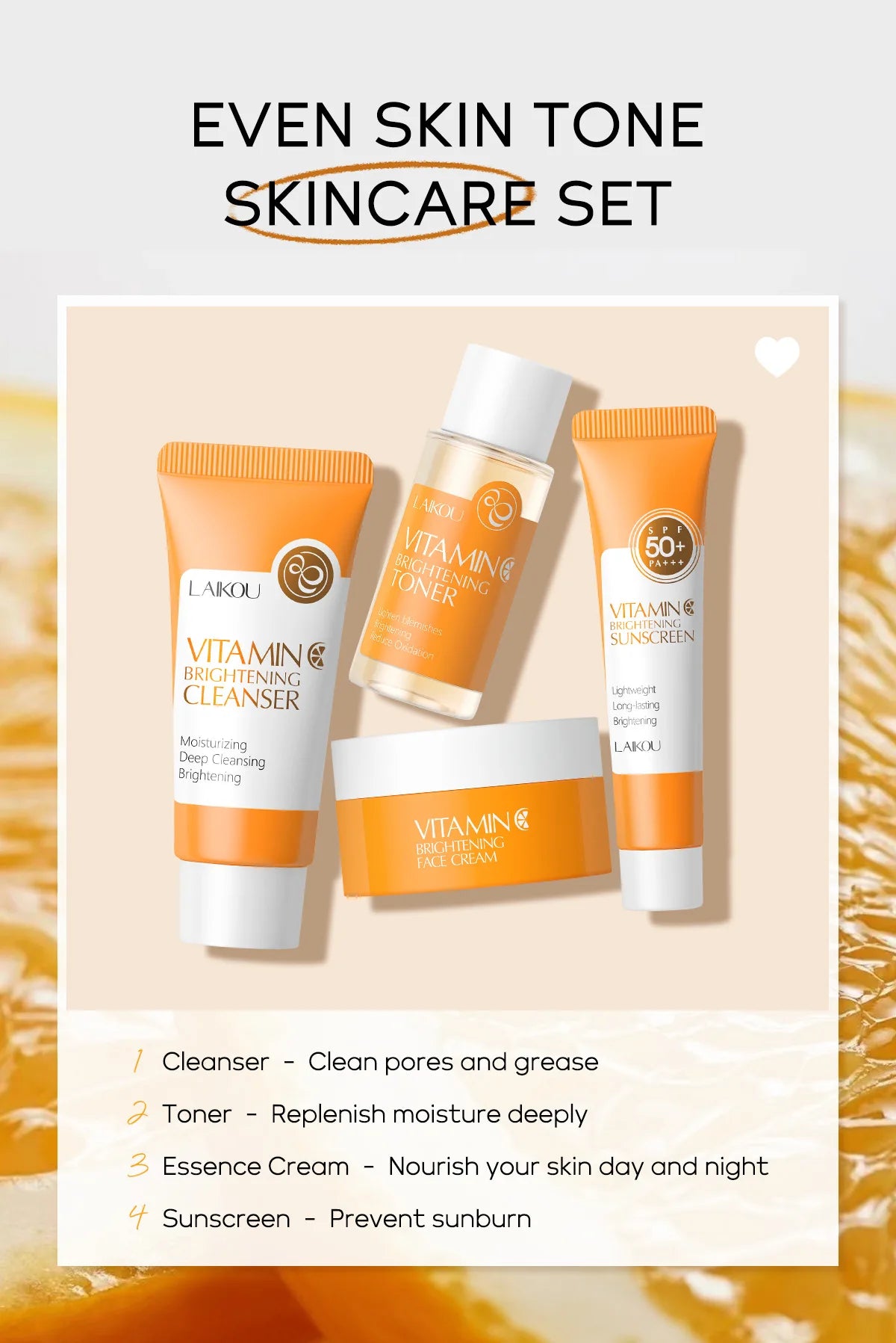 4pcs Vitamin C Skin Care Sets Face Cream Facial Cleanser Essence Spf 50+ VC Sunscreen Moisturizing Refresh Face Care Travel Suit