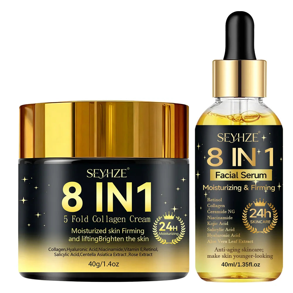 SEYHZE 8in1 Hydrating Facial Serum & Tightening Cream Set 2pcs Skincare Kit with Niacinamide Collagen Ceramides Aloe + Snow Aloe