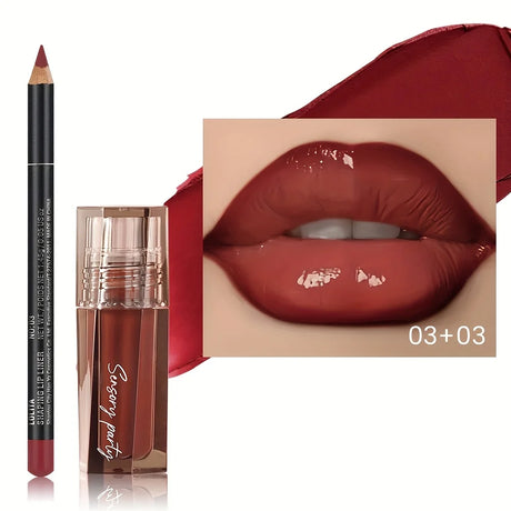 2pcs Lip Liner Pencil & Hydrating Lip Gloss Set, Glossy Finish, Smooth Define Lips, Non-Sticky Long Lasting, Daily Makeup