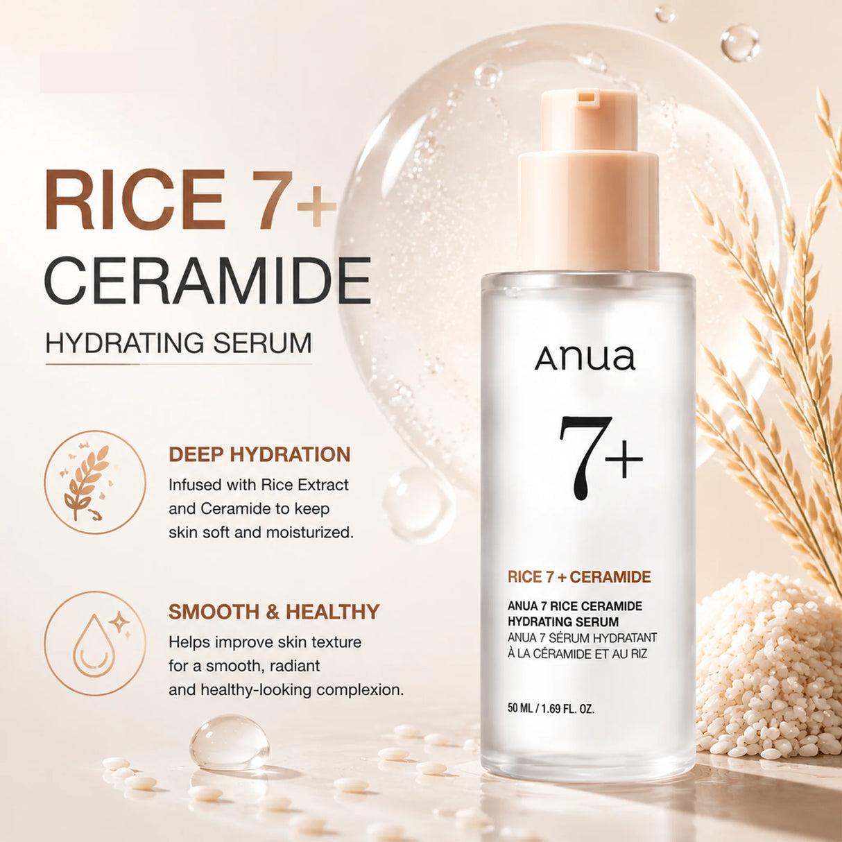 Rice ceramide 7 Hydrating Serum 50ml Moisturizing Face Serum, Non-comedogenic Fragrance Free, Sensitive Dry Skin