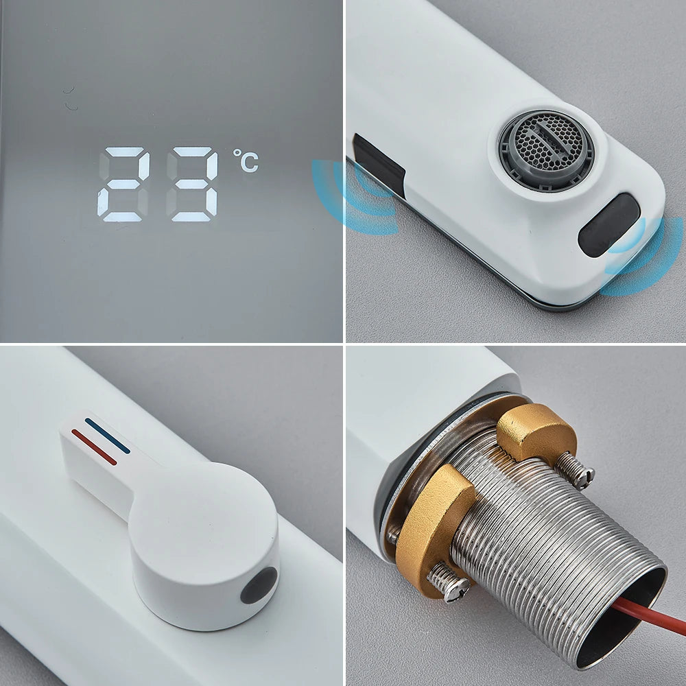 White Smart Sensor Basin Faucet Screen Digital Display Hot Cold Water Mixer Tap Touchless Vanity Sink Faucet For Bathroom