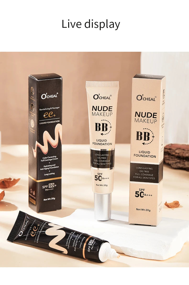 Ocheal 30g BB/CC sunscreen Cream SPF 50/PA+++ Facial Liquid Foundation Cream Long Lasting Coverage Oil Free All Skin Makeup
