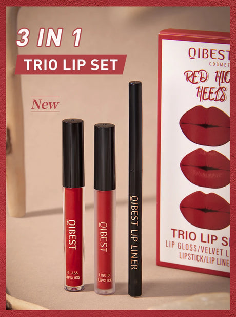 QIBEST Hots 3pcs Liquid Lipstick And Lip Liner Makeup Sets Nude Velvet Lip Gloss Lip Tint Lasting Black Lip Glaze Cosmetics Kits