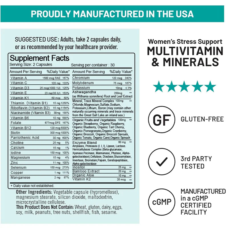 Organic Multivitamin for Women - Whole Food with B-Complex, Vitamin C, D3 & K2 for Immunity, Stress, Hair, Skin & Nails