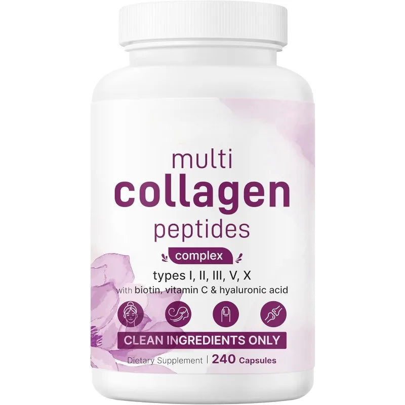 Multi Collagen Capsules 240ct Type I II III V X with Biotin Hyaluronic Acid Vitamin C Hydrolyzed Protein Supplement