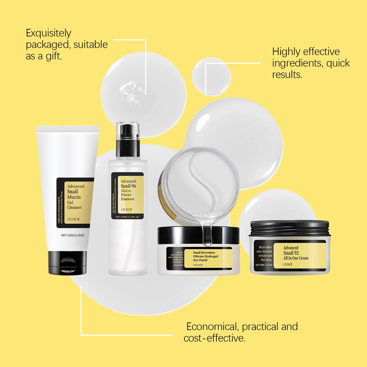 Snail Mucin Skincare Set-Complete 4-Step Glow Routine,Natural Snail Mucin Power&Hydration Barrier,Hydrogel Eye Mask Relief,Gift Packaging