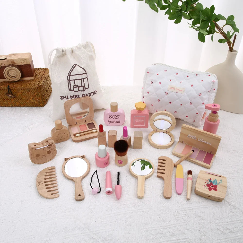 Kids' Pretend Makeup Toy Wooden Role‑play Dress‑up Vanity Gift Makeup Bag Set for Girls