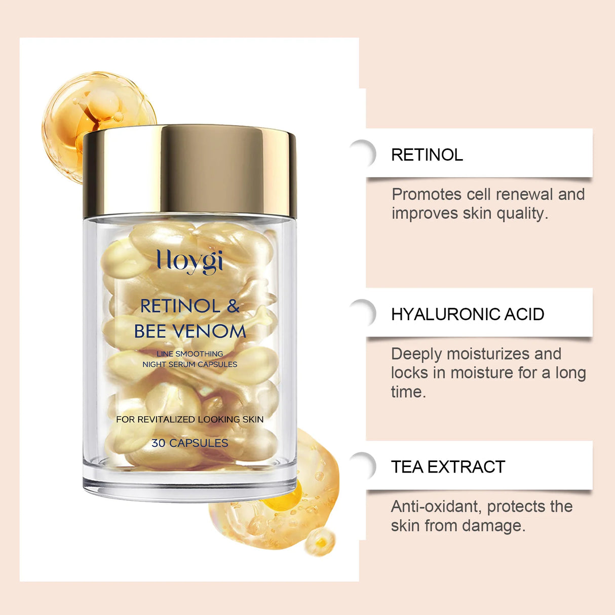 Retinol Bee Venom Facial Capsules Anti-Wrinkle Firming Smoothing Moisturizing Facial Skin Anti-Aging Night Serum for Face & Neck
