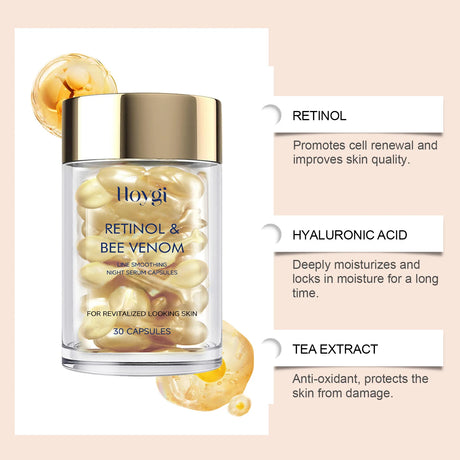 Retinol Bee Venom Facial Capsules Anti-Wrinkle Firming Smoothing Moisturizing Facial Skin Anti-Aging Night Serum for Face & Neck