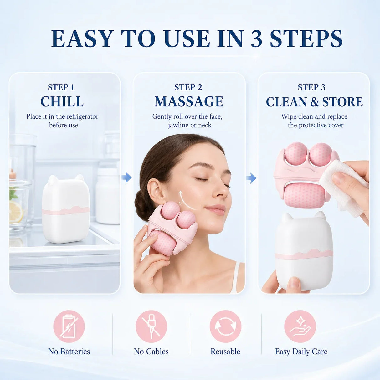 3 Roller Ice Face Roller Cooling Facial Massager with Cat Ear Storage Case Reduce Puffiness Jawline Neck Eye Skincare Massage To