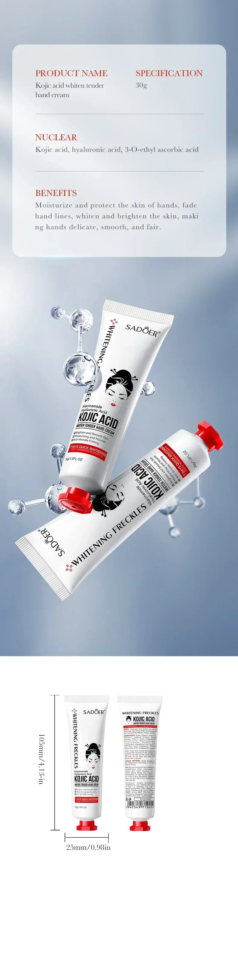 SADOER Kojic Acid Hand Cream Moisturizing Nourishing Brightening Hydrating Hand Creams Beauty Hands Skin Care Products