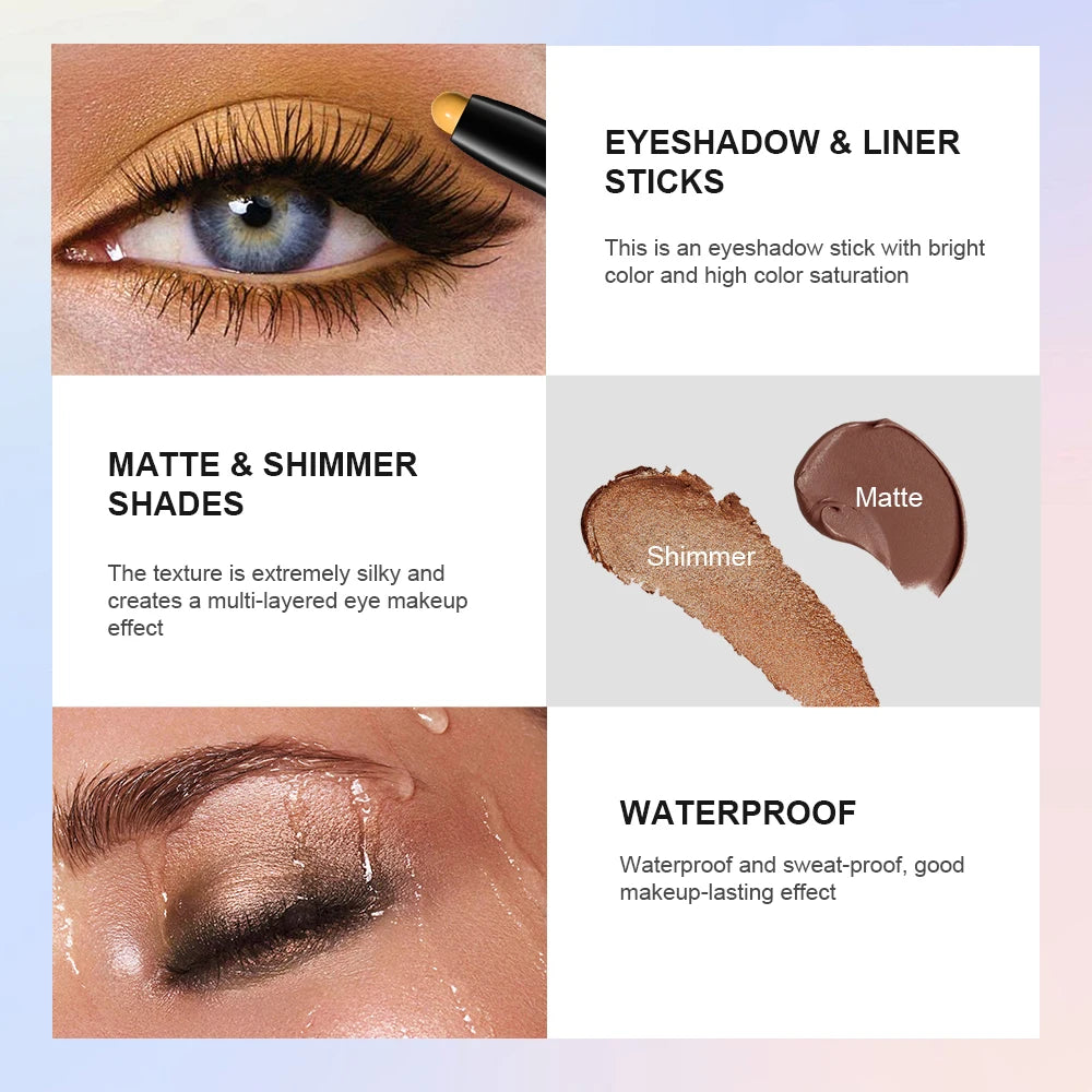 Eyeshadow Liner Sticks Matte & Shimmer Waterproof Metallic Glitter Eye Shadow Highlighter Pencil Eyeshadow Natural Cosmetics