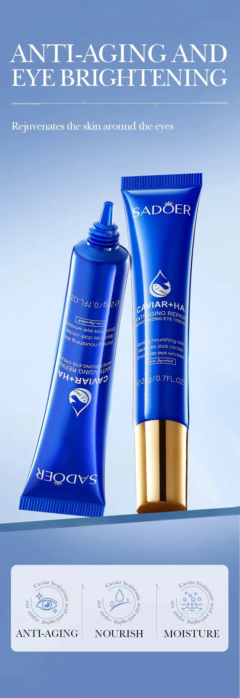 Caviar Eye Bag Removal Cream Hyaluronic Acid Anti-Wrinkle Firming Skin Fade Fine Lines Anti Dark Circle Puffiness Eye Care 20g