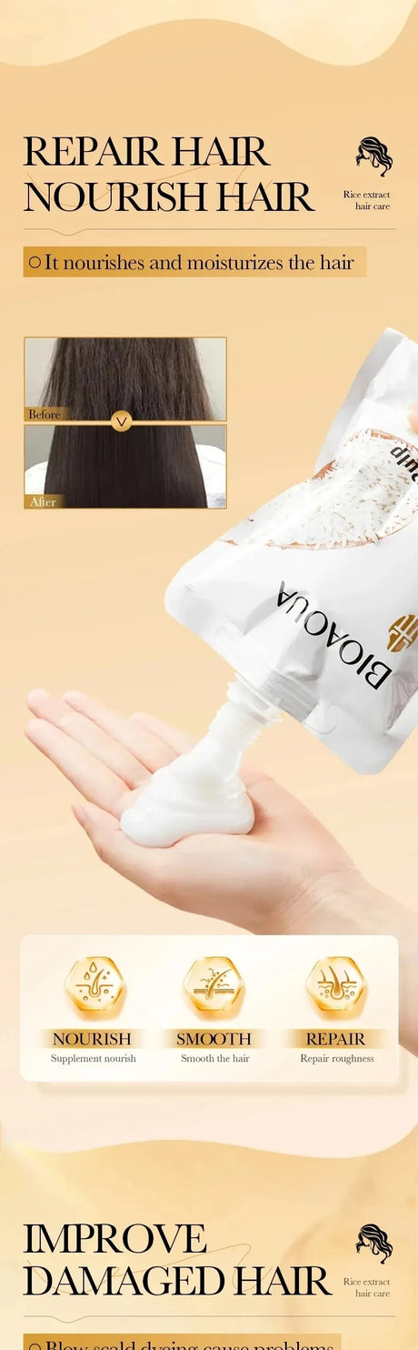 Rice Conditioner Penetrates the Hair Core, Replenishes Hair Nutrients, Repairs Damaged Cuticles, and Improves Dryness, Split Ends, Frizz, and Other Hair Damage Caused by Blow-Drying, Ironing, and Dyeing.