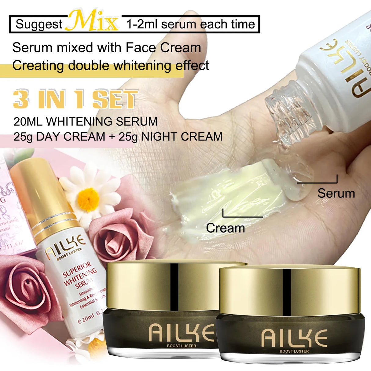 AILKE Whitening Face Cream, Day and Night Facial Cream, Lightening with Kojic Acid, Reduce Wrinkles, Freckles, Black Spots