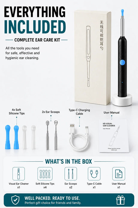 Visual Ear Wax Remover 1080P HD Camera USB-C Rechargeable Ear Cleaner IP67 Waterproof Otoscope with 6 LED Lights for Adults Kids