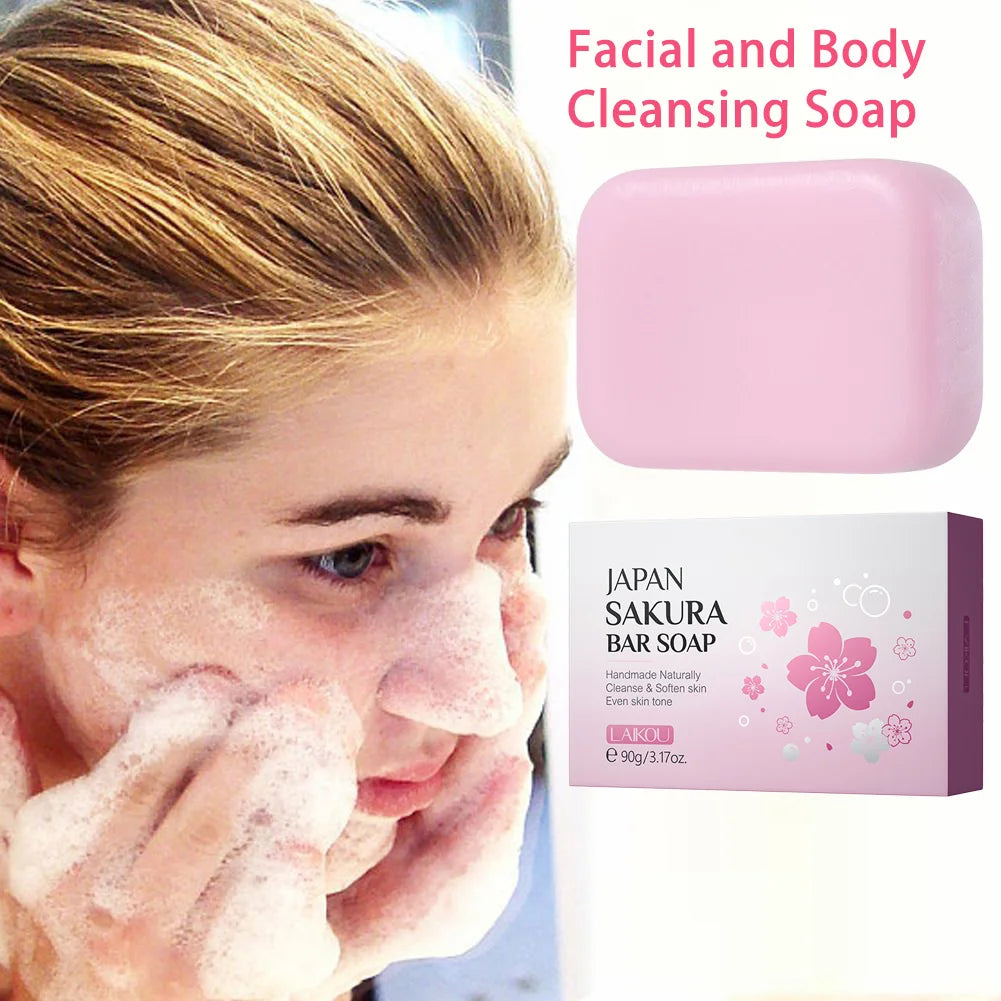 LAIKOU Sakura Facial Body Whitening Soap Reduces Acne Dark Spot Deep Cleaning Cutin For Face Body Skin Care 90g 