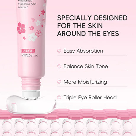 LAIKOU Sakura Roller Eye Serum 15ml Moisturizing Eye Care Reduce Dark Circles Puffiness Fine Lines Anti Aging Brightening Eye
