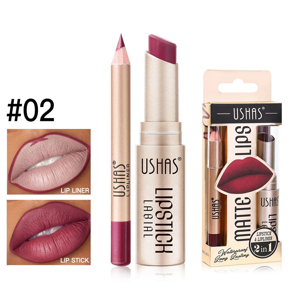 2-in-1 Lip Makeup Set, Matte Lipstick & Lip Liner Pencil, Nude Brown, Waterproof Long Lasting Tinted Lip Balm Contour Kit