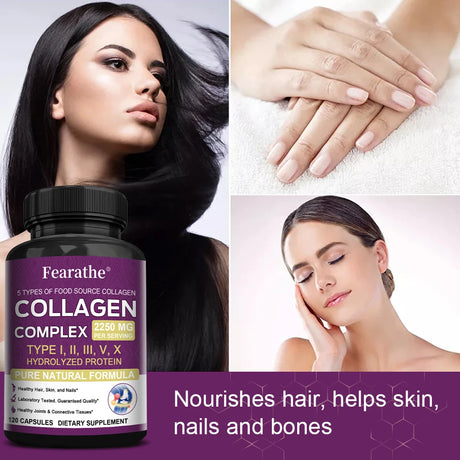 Multi-Collagen Capsules for Men and Women - Hydrolyzed Type I II III V X for Skin, Hair, Nails, Bones, Joints, Nutrition