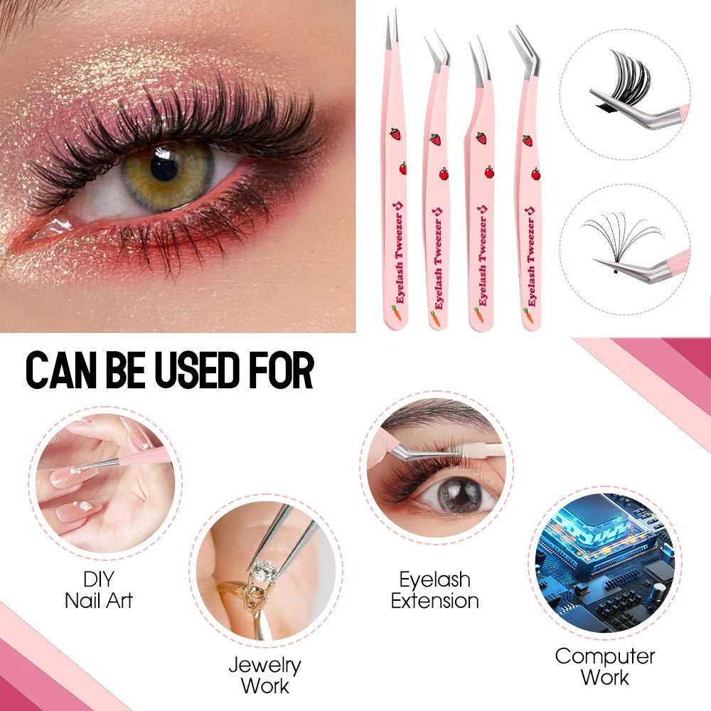 GEMERRY Eyelash Pink Strawberry Stainless Steel Superhard Tweezers For Lash Extension High Precision Anti-Static Makeup Tweezer