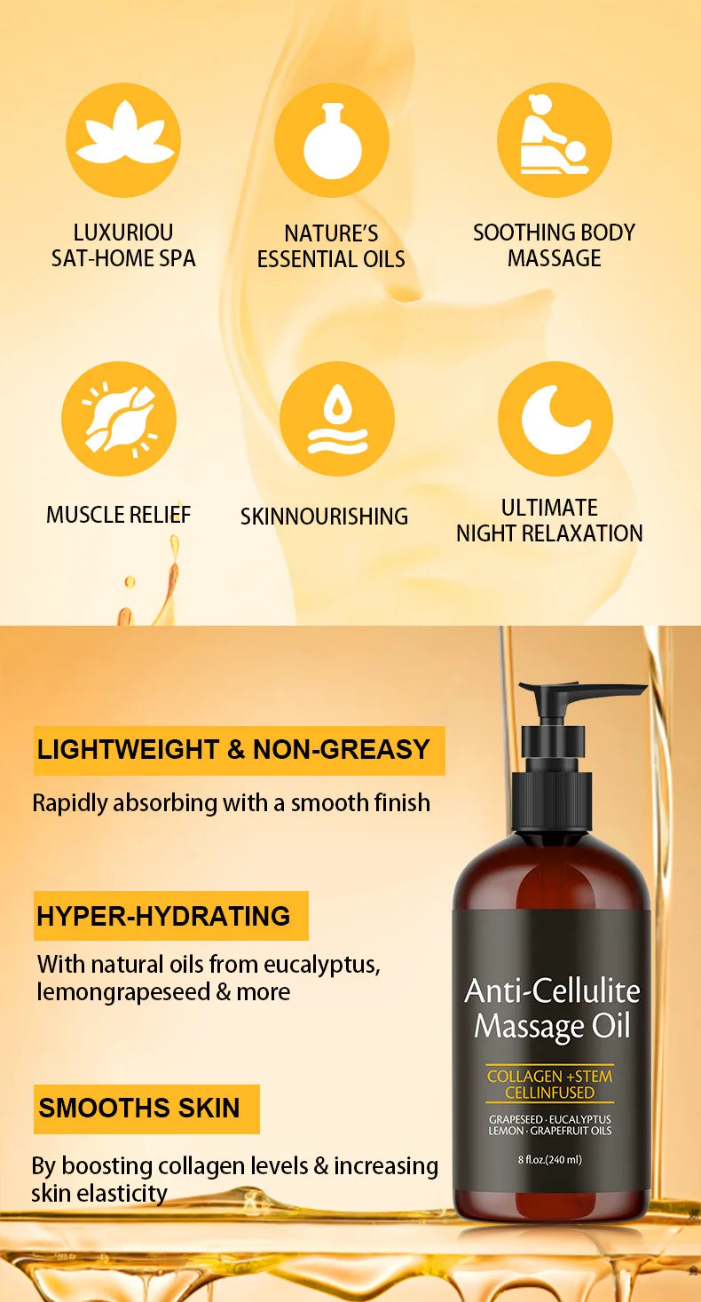 240ml Anti Cellulite Massage Oil Infused with Collagen and Stem Cell Skin Tightening Cellulite Moisturizing Body Essential Oil