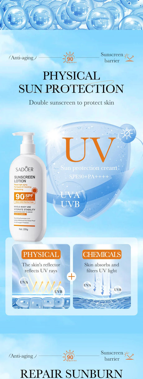 Super 220ml Aloe+Vitamin E Body And Face Sunscreen Lotion SPF 90 PA++++Whole Body Use Protect + Hydrate Moisturizing