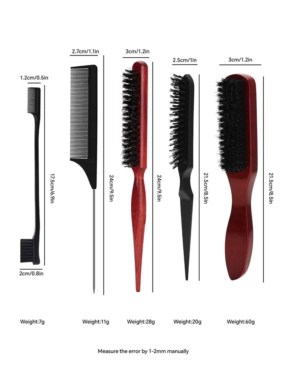 Hair Styling Comb & Brush Set, Boar Bristle Teasing Brushes & Tail Combs, Edge Control Styling Tools,Nylon Bristles, ABS Handle