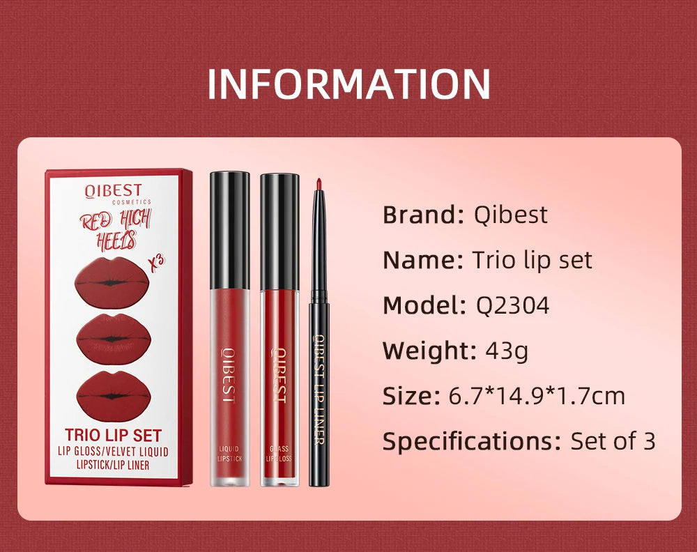 QIBEST 3pcs/set Liquid Lipstick+Lip Liner Lasting Black Brown Purple Red Matte Lip Gloss Nude Lip Stain Tint Makeup Lip Pencil