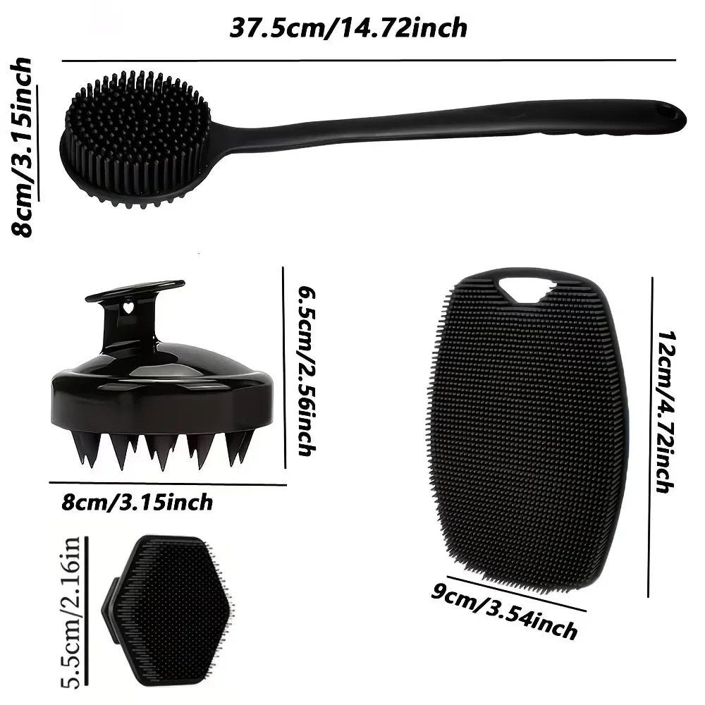 7/4/3Pcs Shower Body Care Set Long Handle Silicone Back Brush Hair Scalp Massager Exfoliate Face Roller Gua Sha Massage Tools