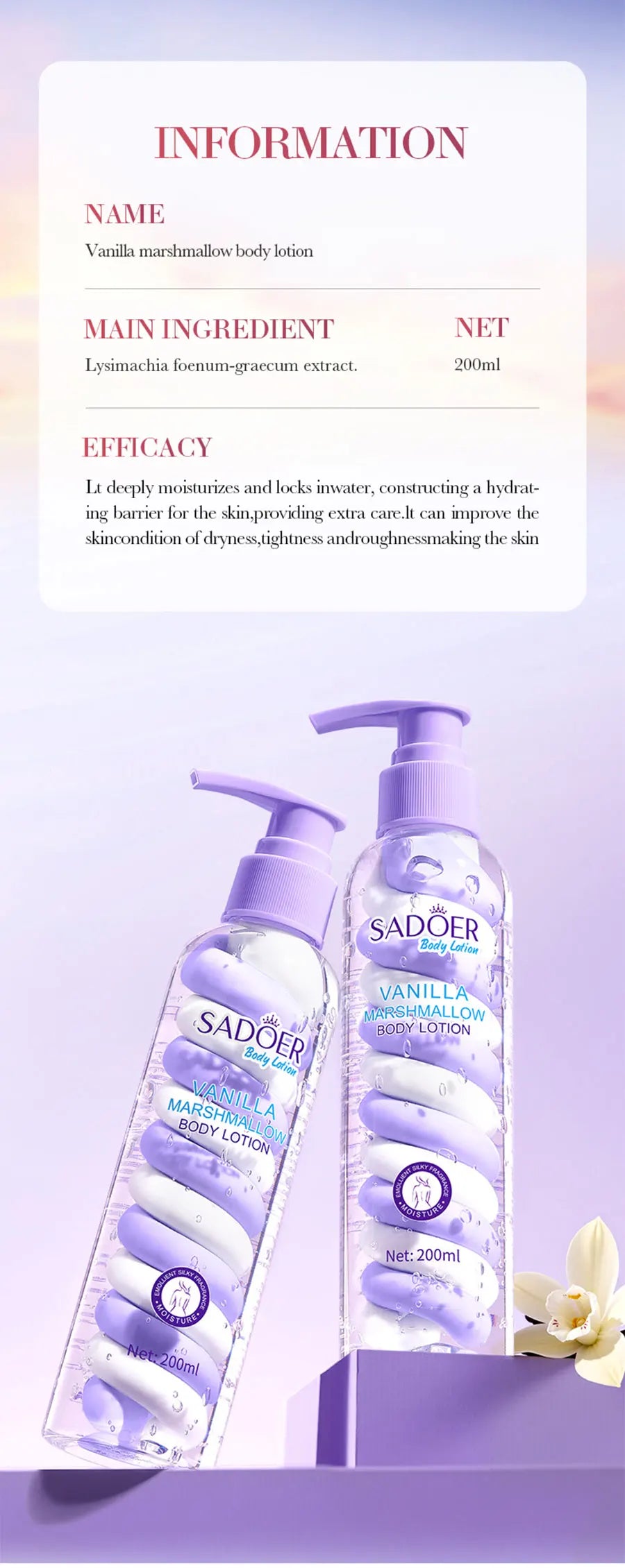 Vanilla Marshmallow Body Lotion Smooths and Refines Skin, Improves Dryness, Tightness, and Roughness, and Moisturizes the Skin.