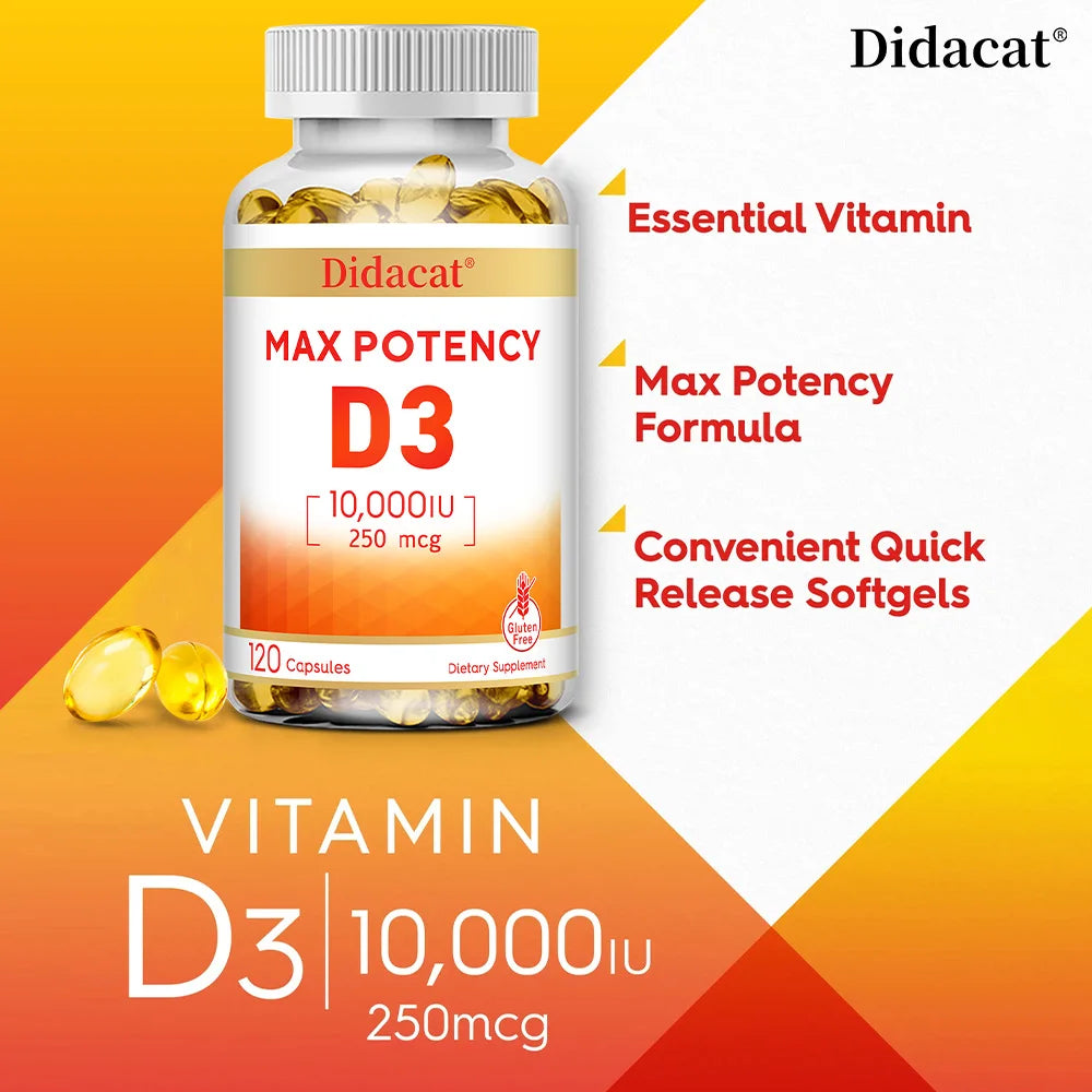 Vitamin D3 10,000 IU (250 mcg), Supports Immune Health, Calcium Absorption Muscle Function & Bone Strength, Dietary Supplement
