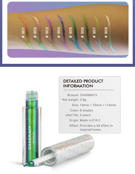 CHARMACY Duochrome Glitter Liquid Eyeliner Long Lasting Waterproof Smudgeproof Ultra Fine Tip Eye Liner Women Makeup Cosmetics