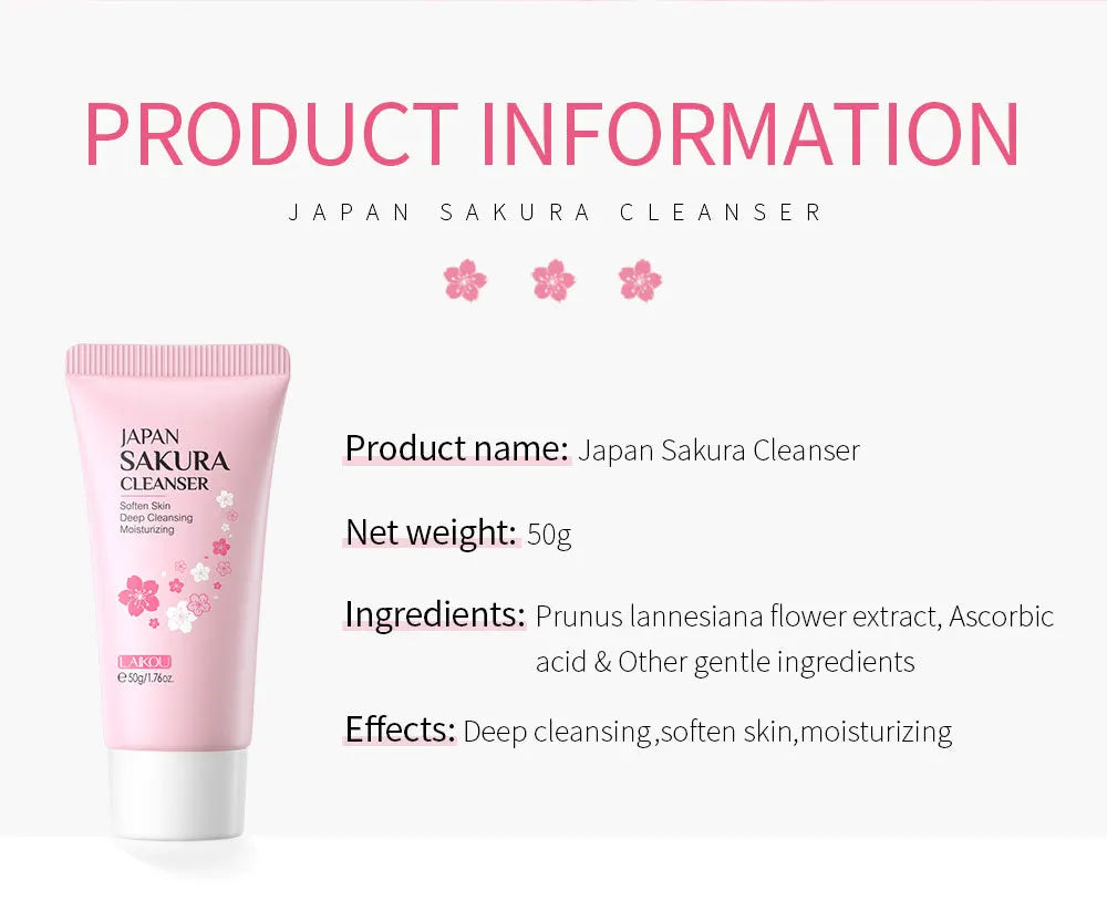 Laikou Sakura Facial Cleanser Deep Cleansing Pores Oil Control Moisturizing Brightening Face Wash Gentle For All Skin Types 50g