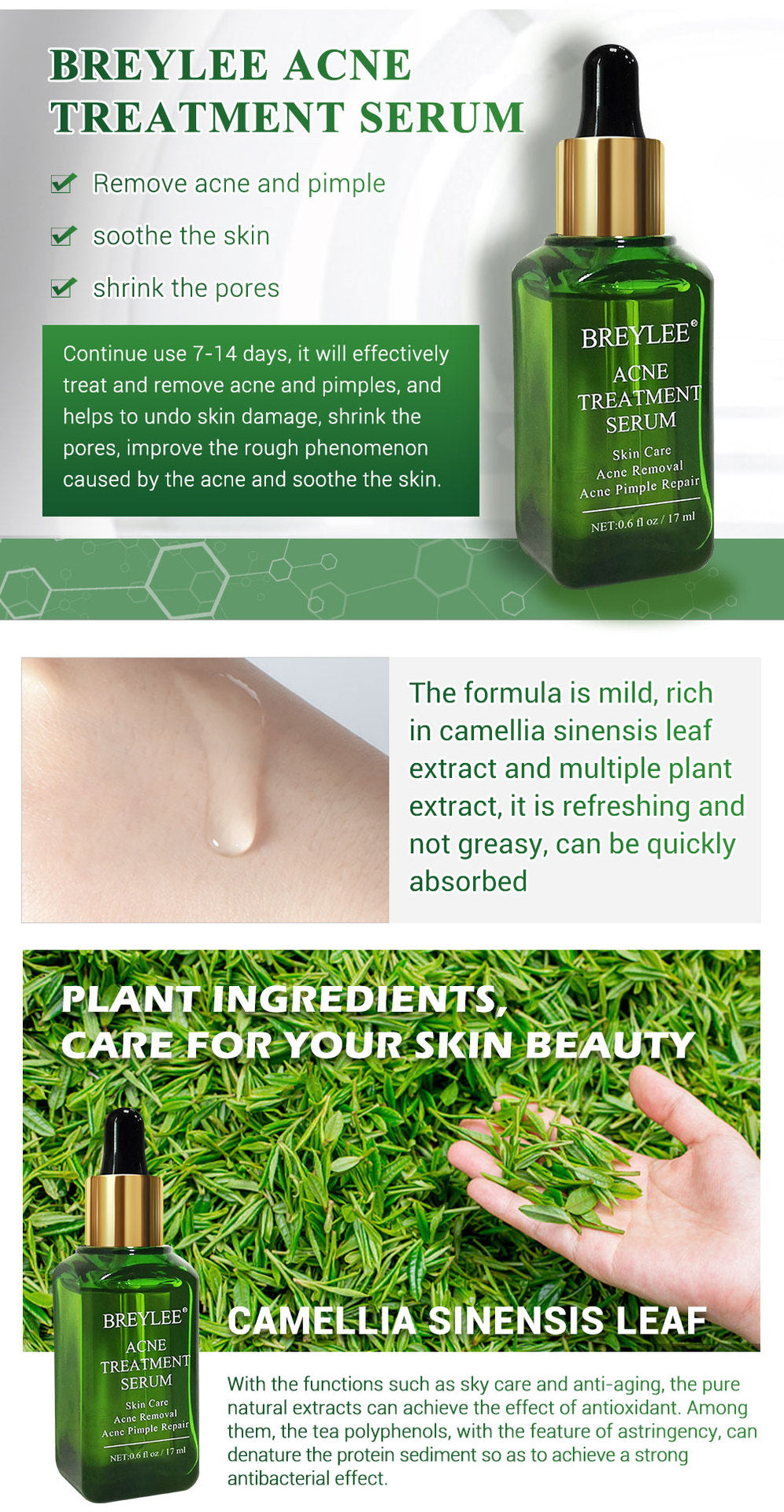 BREYLEE Tea Tree Essence Face Cream Acne Patch 4-Piece Set, Balances Oil And Water, Treats Acne